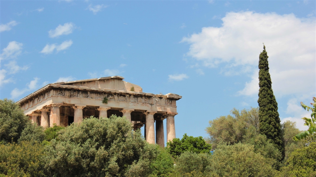 temple of hephaestus hidden behind trees