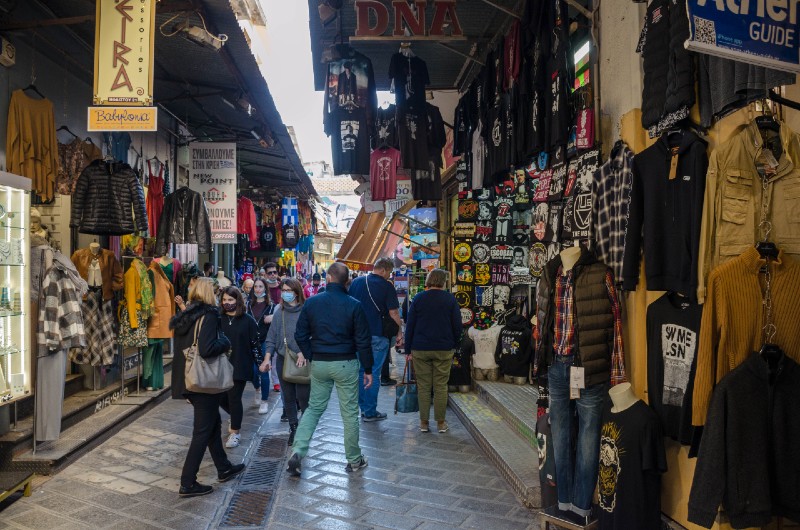 Vintage stalls and vinyl crates near Avissinias Square in Monastiraki