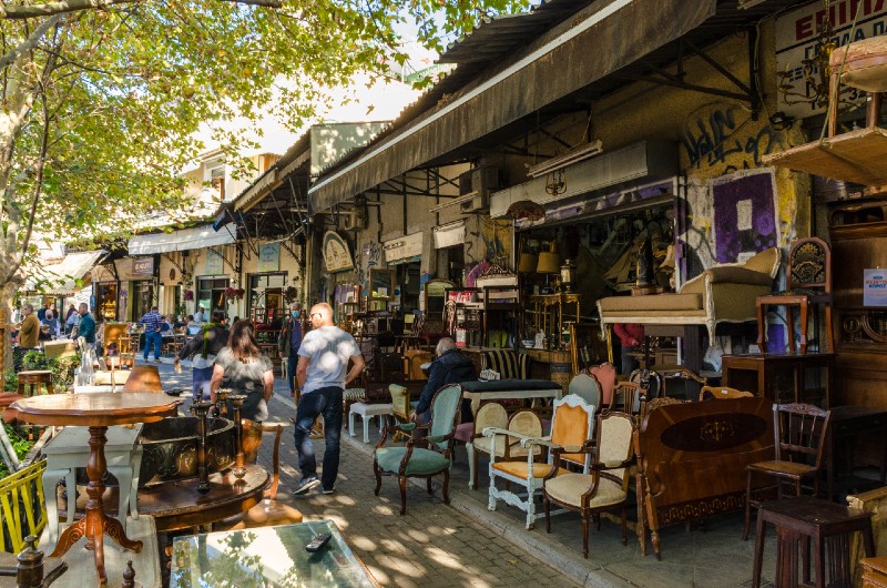 Antique shops and second-hand furniture at Avissinias Square flea market in Monastiraki Athens