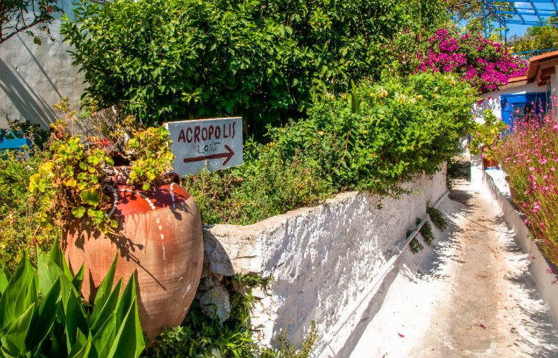 Top Things to See in Plaka - Narrow whitewashed lane in Anafiotika, Plaka, with flowers and a sign pointing to the Acropolis.