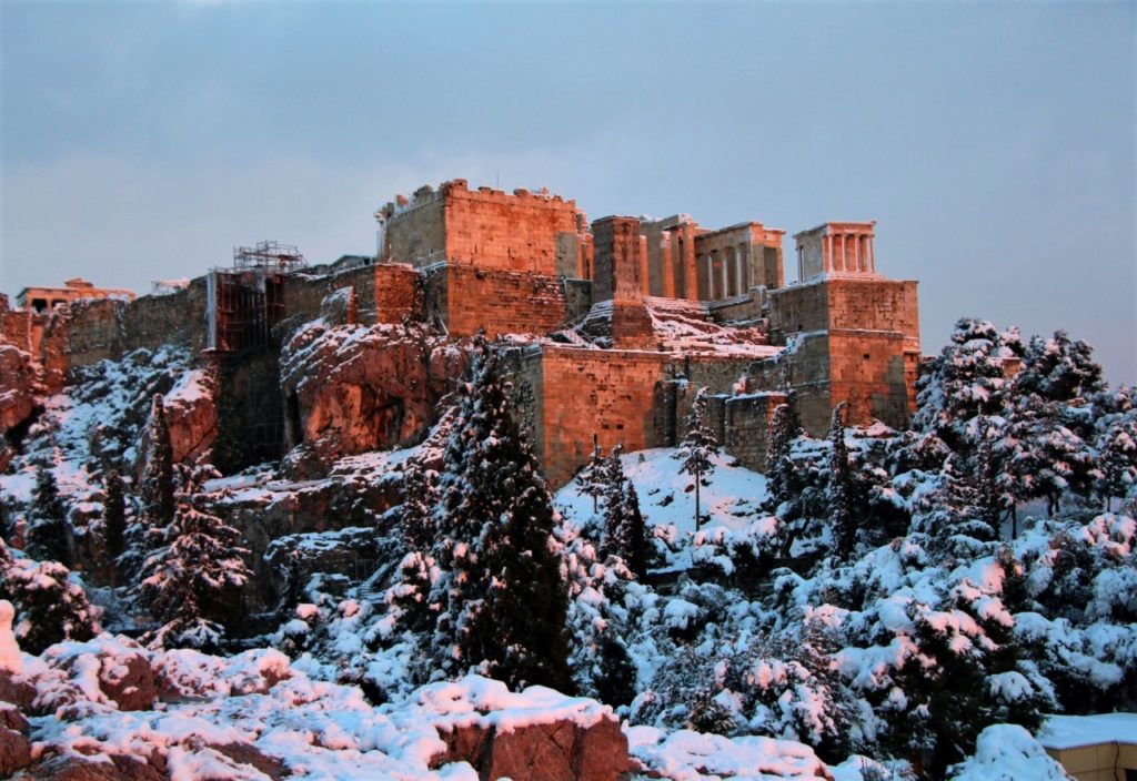acropolis hill with snow