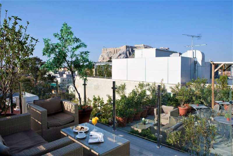 The view to the Acropolis of Athens from the top of the Hermes Hotel