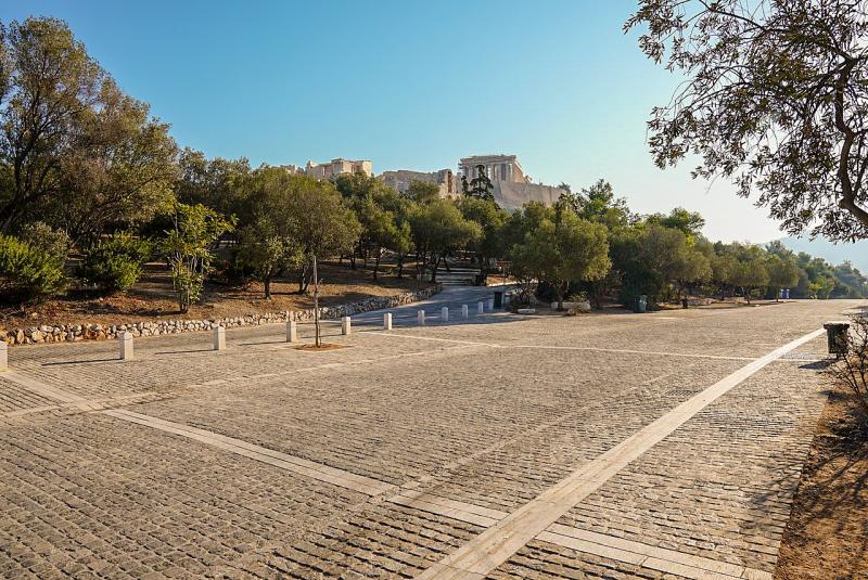View of the Acropolis of Athens from Dionysiou Areopagitou pedestrian street
