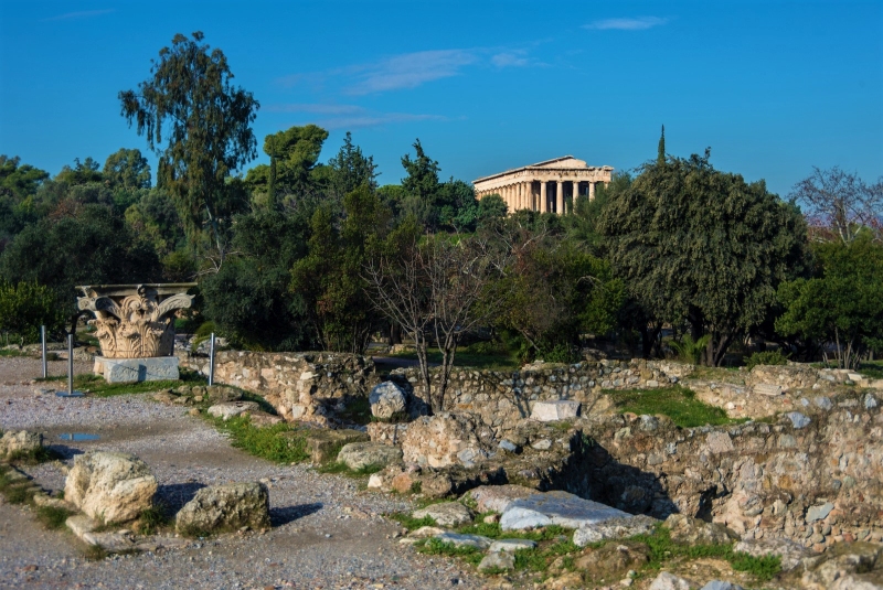 Ruins of Ancient Agora with Temple of Hephaestus at background