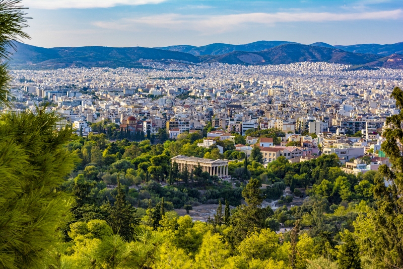 view of athens city with temple of hephaestus from acropolis hill athens greece