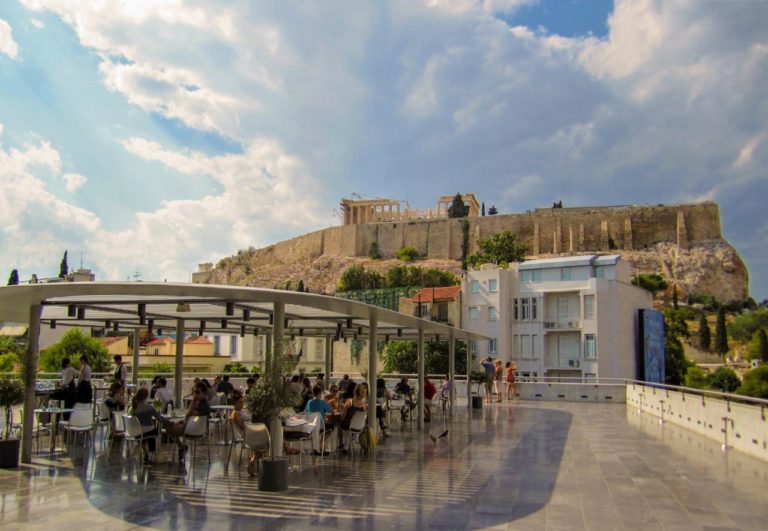 view of the parthenon from the acropolis museum restaurant and cafe